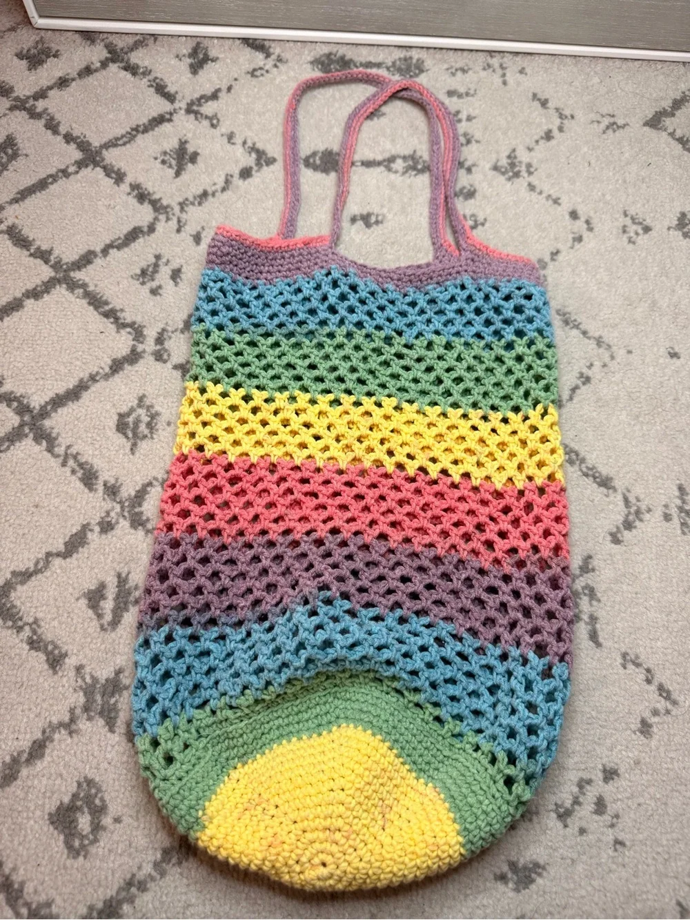 Handmade Crochet Pastel Rainbow Stripes  Beachy Grocery Tote Bag